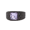 Anillo de hombre en acero de titanio con gema púrpura cuadrada y textura de rejilla negra - Negro Eléctrico Piedra Violeta Claro