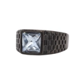 Anillo de hombre con gema cuadrada transparente y banda de acero negro texturizado - Negro Eléctrico Piedra Azul Claro