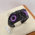 Vintage black titanium owl ring for men with purple stone eyes and feather carvings - US 7 / Purple Eye