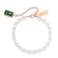 Bracciale di perle alla moda con ciondolo gemma verde e targhetta Love in oro rosa - Oro rosa
