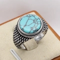 Vintage men's titanium steel ring featuring a round green turquoise stone and embossed band - US 7 / Steel Color Turquoise