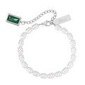 Bracciale di perle barocche con ciondolo gemma verde e targhetta con incisione Love - Color Acciaio