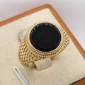 Men's gold titanium ring with a round black gemstone and textured braided details - US 7 / Gold Black Stone