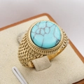Vintage gold woven titanium ring featuring a round turquoise stone with natural veins - US 7 / Gold Turquoise