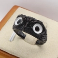 Unique owl-shaped stainless steel ring in black finish with large white inset eyes - US 7 / White Eyes