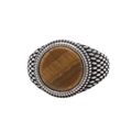 Anello retrò da uomo in acciaio al titanio con grande pietra occhio di tigre tonda e trama - Occhio di tigre color acciaio