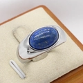 Polished silver titanium ring featuring a large oval lapis lazuli stone inlay - Steel Blue Stone