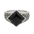 Vintage stainless steel ring for men with square black gemstone and embossed details - Steel Black Stone