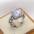 Vintage silver ring with rectangular purple crystal and textured braided band design - US 7 / Steel Tone Light Purple Rhinestone