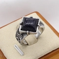 Vintage stainless steel ring featuring a square blue goldstone with intricate engravings - Steel Color Rounded Black Stone