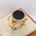 Gold titanium ring featuring a large black round stone with a sparkling zircon halo - US 7 / Gold Black Stone