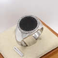 Polished silver titanium ring with large round black stone and white zircon accents - US 7 / Steel Black Stone