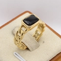 Men's hip-hop gold plated stainless steel ring with rectangular black gemstone and chain texture - US 7 / Gold