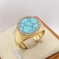 Vintage gold ring featuring a large turquoise stone and white crystal border decoration - US 7 / Gold Green Stone