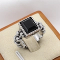 Men's silver steel ring with rectangle black stone and vintage industrial bone texture - US 7 / Steel Color With Black Rhinestone