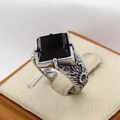 Retro stainless steel men's ring featuring a large square black gemstone and bark texture - Silver Tone Faceted Black Stone