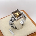Retro silver chain ring featuring a rectangular smokey quartz stone in a four-prong setting - US 7 / Steel Tone Brown Rhinestone