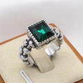 Vintage silver-tone men's ring with emerald-cut green gemstone and beaded textures - Silver Green Zircon