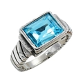 Anillo vintage para hombre de acero de titanio con gran gema azul rectangular y plata pulida - Piedra Azul Lago