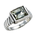 Anillo vintage para hombre de titanio con gema rectangular verde claro y textura estriada - Caqui