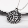 Vintage Viking Vegvisir compass necklace with Nordic runes on a silver steel pendant - Steel Color Pendant, No Chain