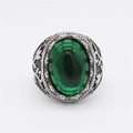 Vintage oval green gemstone ring in silver stainless steel with baroque vine engraving - US 7 / Green