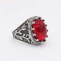 Vintage oval red gemstone ring in antique silver stainless steel with floral relief - US 7 / Red