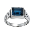 Anillo vintage para hombre de acero titanio con gran gema azul rectangular y estrías - Piedra Azul Tinta