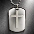 Men's double-layered cross dog tag necklace with polished steel finish and ball chain - White