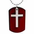 Cross pendant necklace with red enamel dog tag on a silver ball chain for men - Red
