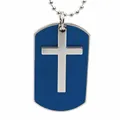 Men's blue enamel cross pendant necklace with military dog tag and silver bead chain - Blue