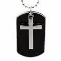 Men's black dog tag necklace with a silver cross pendant and metal bead chain - Black