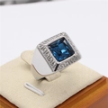Baroque style ring with deep blue square stone and Greek key pattern in silver finish - Steel Blue Stone