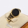 Vintage Viking gold plated stainless steel signet ring with black stone inlay and Celtic knot - US 7 / Full Gold Color