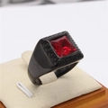 Men's wide black titanium steel ring with large square red gemstone and Greek key pattern - Electric Black Red Stone