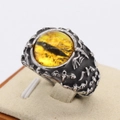 Retro gothic bat ring with yellow dragon eye gemstone in vintage stainless steel finish - US 7 / Yellow Stone