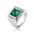 Silver titanium steel ring featuring a square emerald gemstone and Greek key pattern - Steel Green Stone