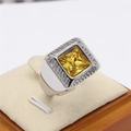 Mens square silver ring with a large yellow zircon and classic greek key patterns - Steel Yellow Stone