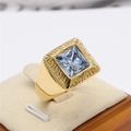 Gold titanium ring with square blue gemstone and Greek key pattern engraving - Gold Light Blue Stone