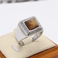 Mens square titanium steel ring featuring a brown tiger eye stone and Greek key patterns - Steel Tiger Eye