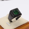 Black titanium signet ring with green gemstone and Greek key engraving design - Electric Black Green Stone