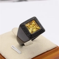 Men's black titanium steel ring with Greek meander patterns and a square yellow gemstone - Electric Black Yellow Stone