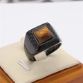 Men's vintage titanium steel signet ring with tiger eye stone and Greek key patterns - Black Plated Tiger Eye