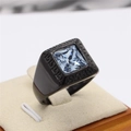 Men's black titanium ring with square blue gemstone and Greek key patterns - Black Plated Light Blue Stone