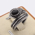 Vintage silver feather ring with oval black stone inlay for men in bohemian style - US 7 / Black Stone