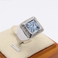 Silver steel ring with square light blue gemstone and Greek key pattern engraving - Steel Light Blue Stone