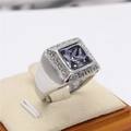 Silver signet ring for men with square grey gemstone and Greek key pattern engraving - Steel Purple Stone