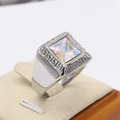 Titanium steel ring for men with square iridescent gemstone and Greek key pattern - Steel Color Rainbow Stone