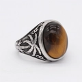 Bague rétro en acier inoxydable avec pierre oeil de tigre et détails de palmiers - Œil de tigre