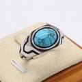 Retro men's titanium steel ring featuring an oval blue turquoise stone and silver finish - Size 7 / Blue (Turquoise)